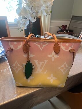 Louis Vuitton Pink to Yellow Ombre Monogram Tote with Green Leaf Charm